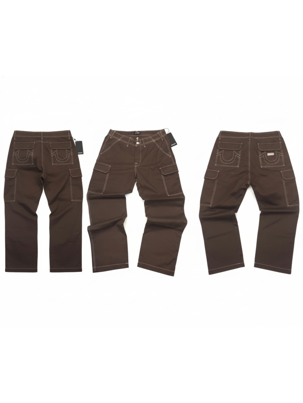 True Religion Men's Brown Cargo Pants Size 34 with Contrast Stitching